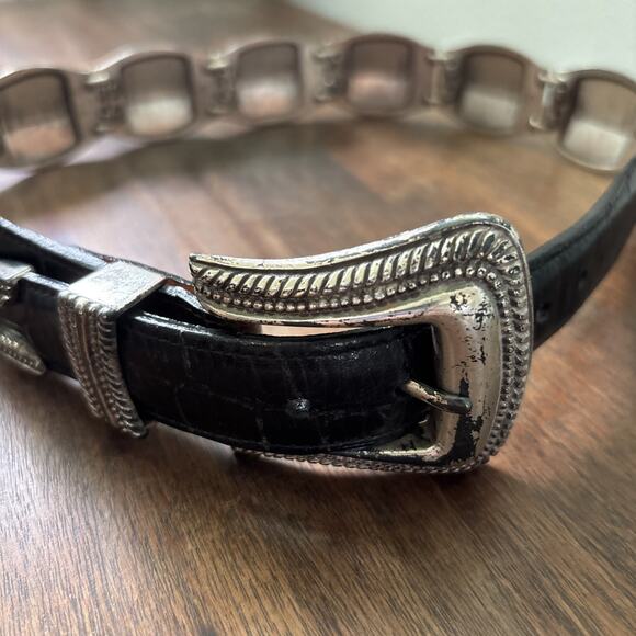 Brighton Silver Plates Design Black Croc Leather Belt Size Small Braided Rope